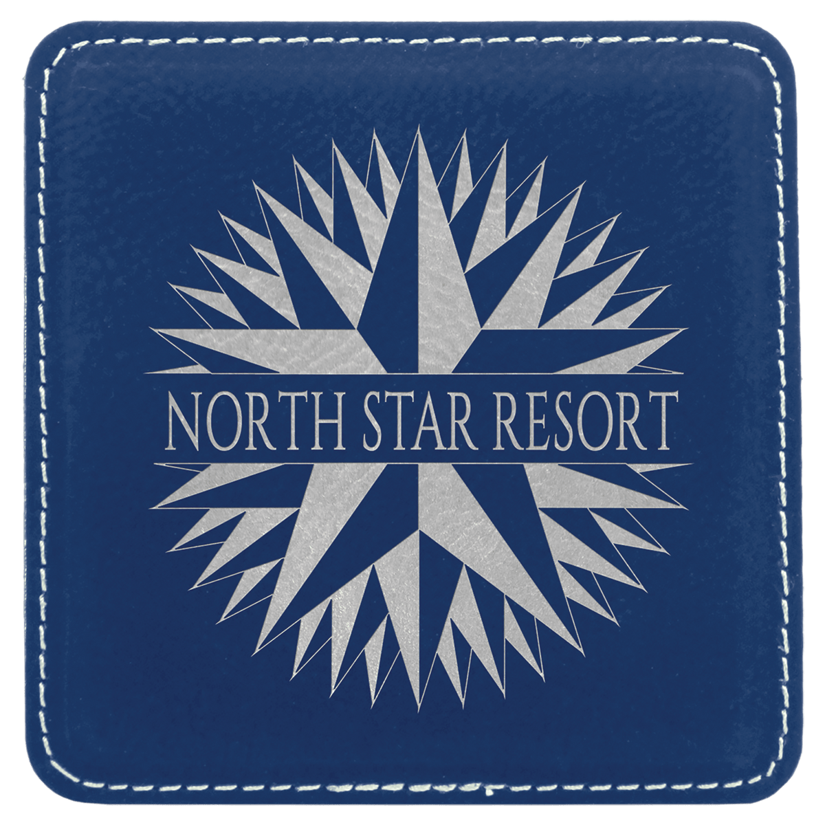 Personalized 4 inch square blue/silver leatherette coaster
