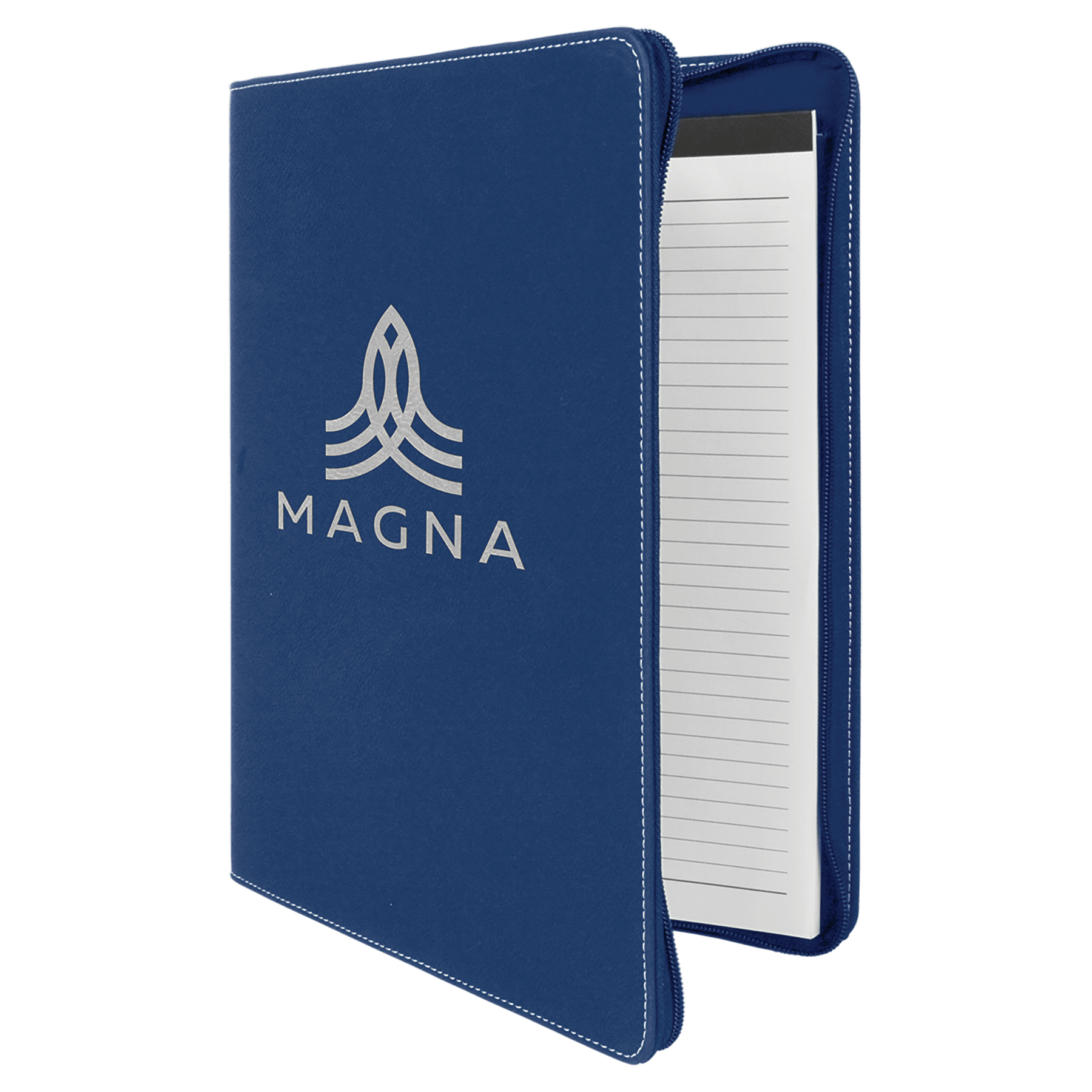 Blue/Silver zippered leatherette portfolio with notepad