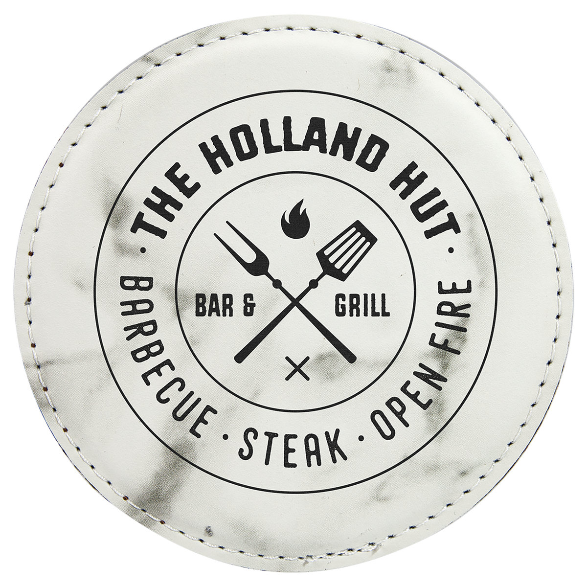 Personalized 4 inch round white marble leatherette coaster