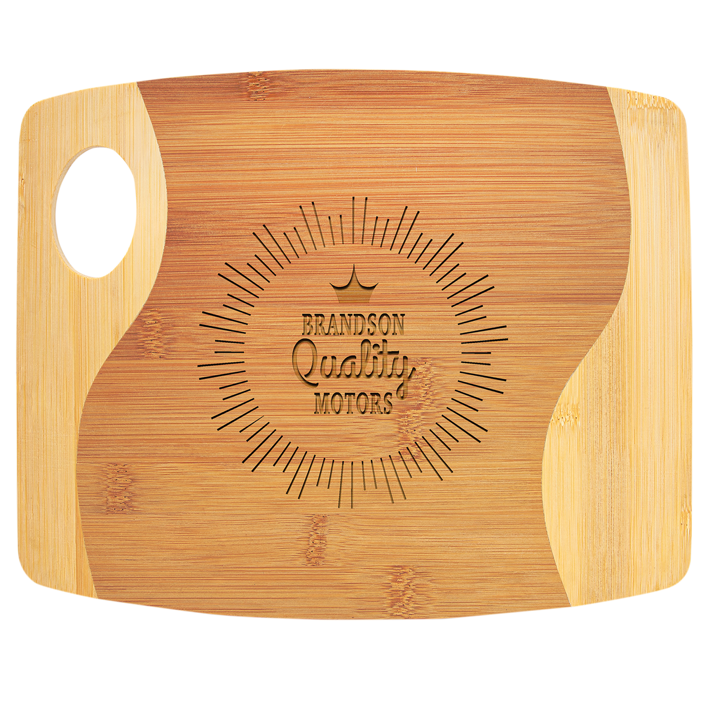 Personalized two-tone bamboo cutting board with handle, 11 x 9 inches, engraved