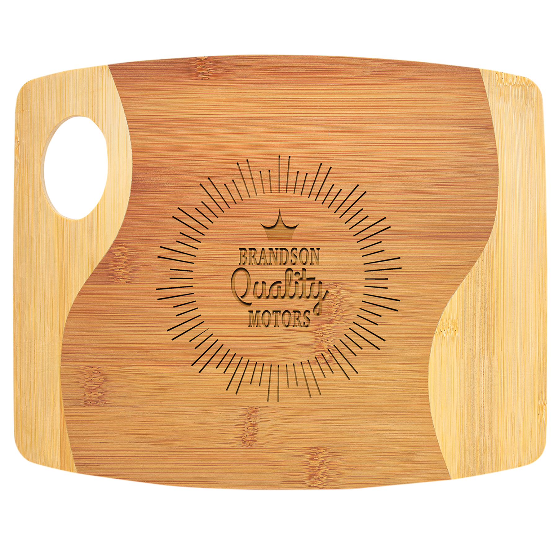 Personalized two-tone bamboo cutting board with handle, 11 x 9 inches, engraved