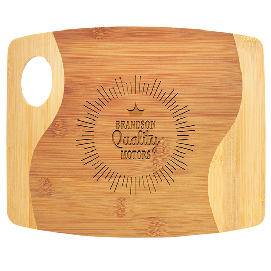 Personalized two-tone bamboo cutting board with handle, 11 x 9 inches, engraved