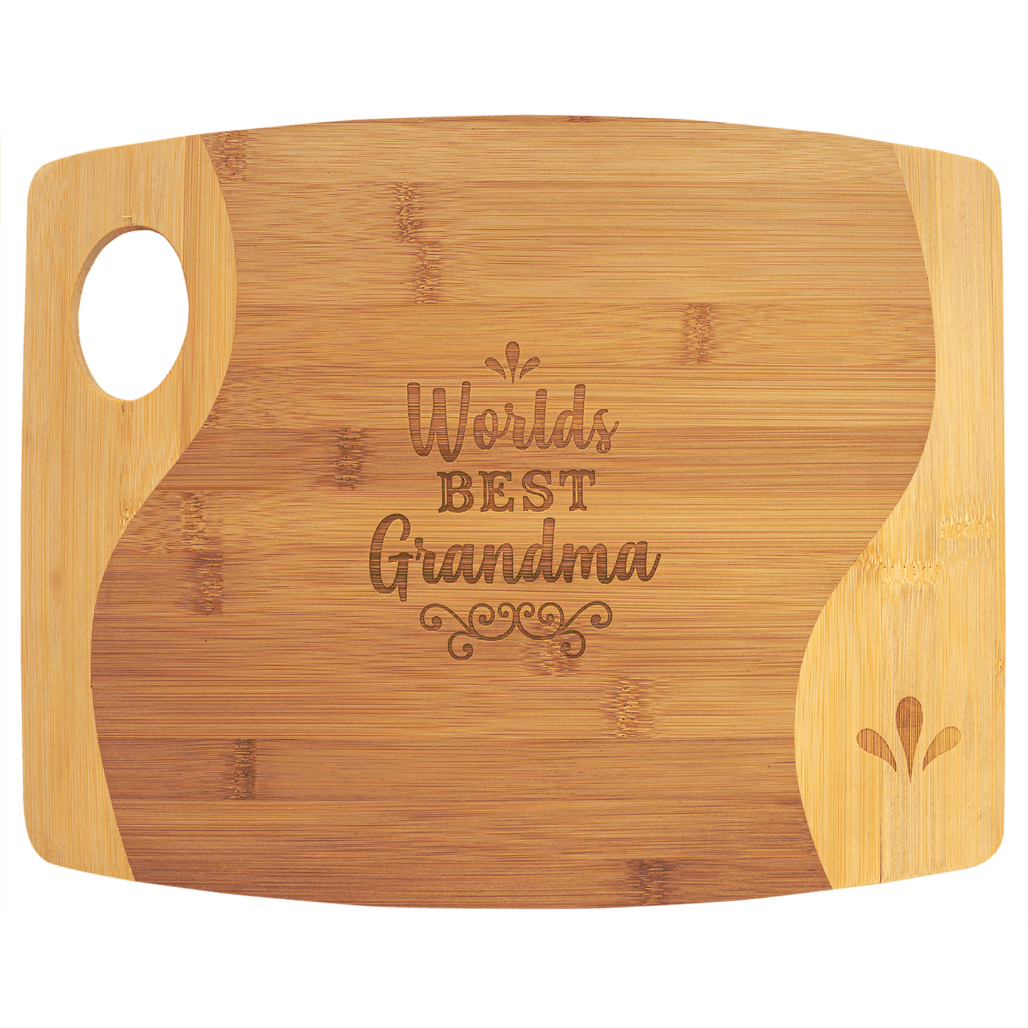 Personalized two-tone bamboo cutting board with handle, 13¾ x 11 inches, engraved