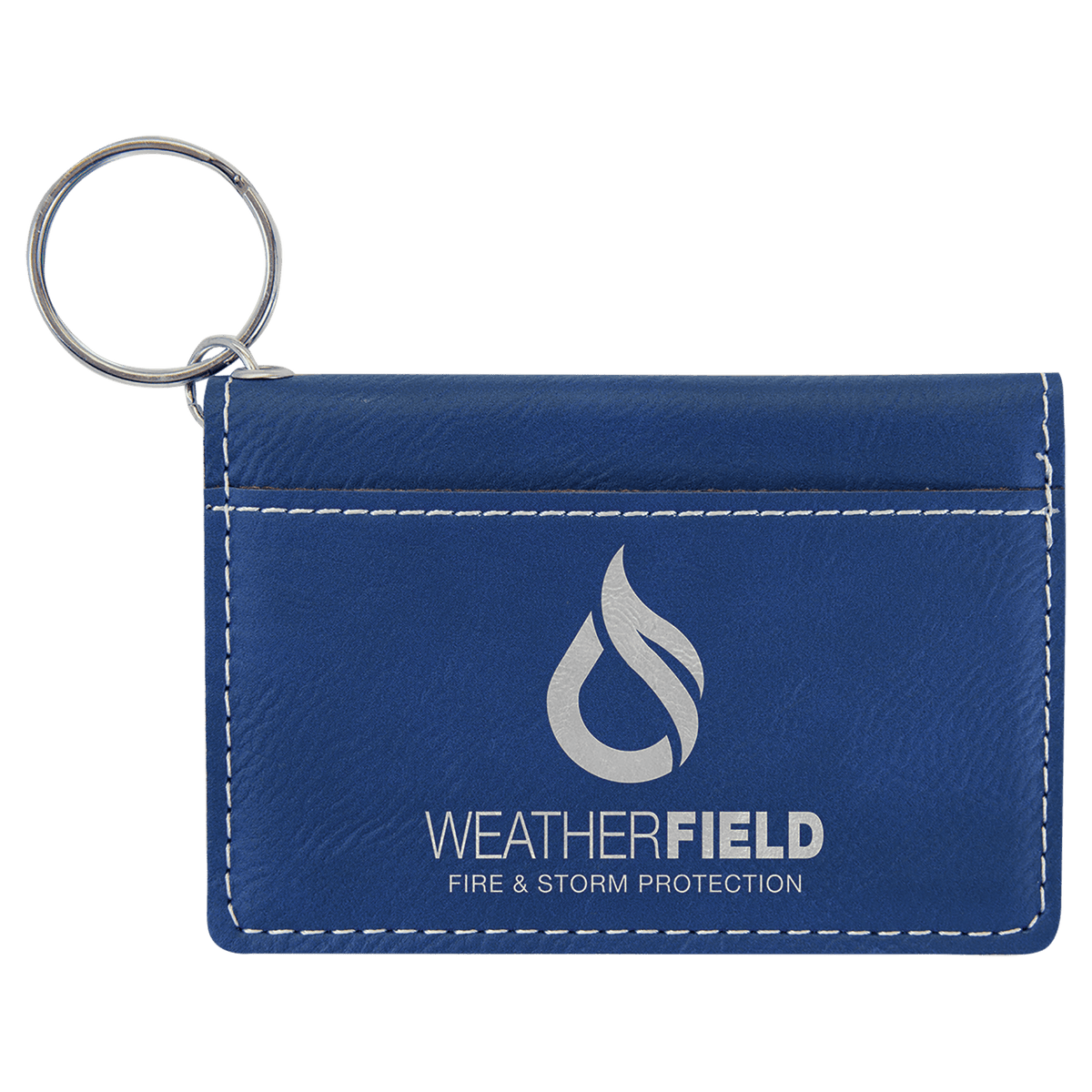 Personalized blue/silver leatherette ID holder keychain