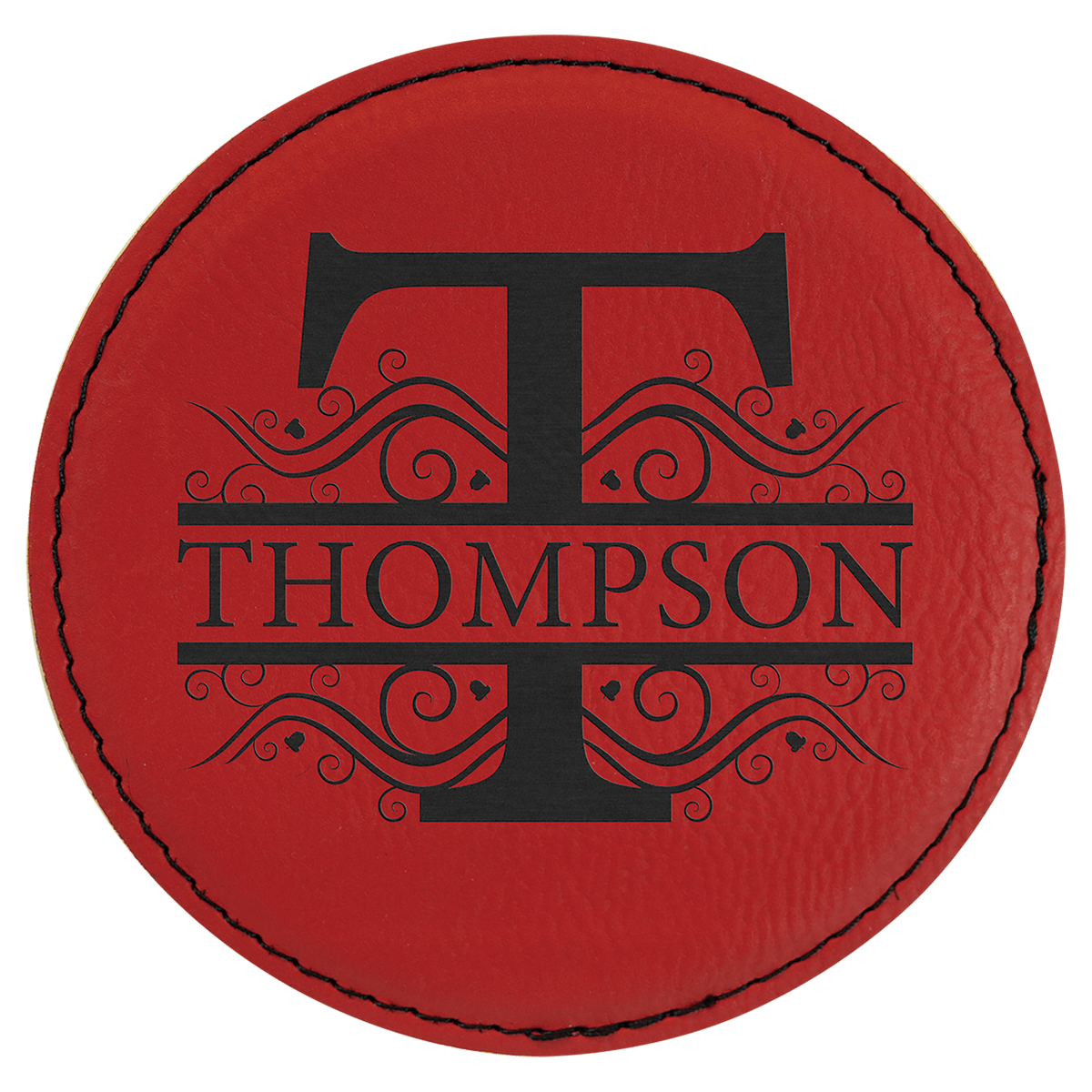 Personalized 4 inch round red leatherette coaster
