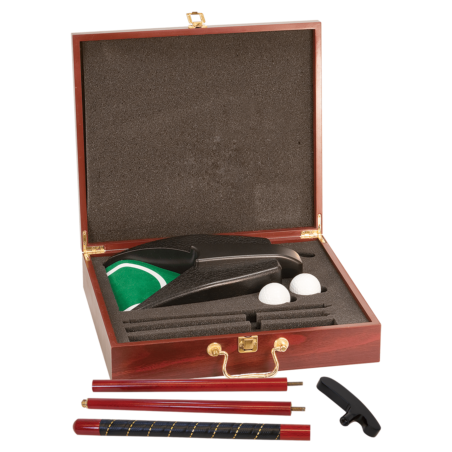 Golf Putting set with wooden case, balls, and accessories