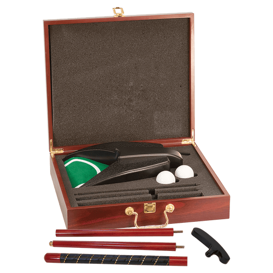 Golf Putting set with wooden case, balls, and accessories