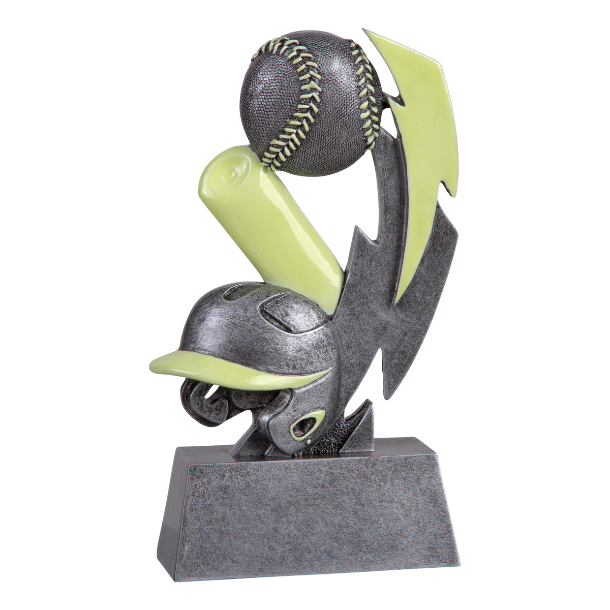 Six-inch pewter-grey resin baseball trophy with glow-in-the-dark green accents on a stepped base