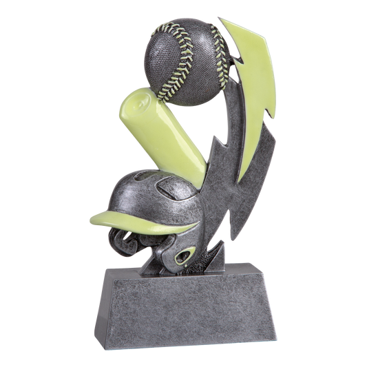Six-inch pewter-grey resin baseball trophy with glow-in-the-dark green accents on a stepped base