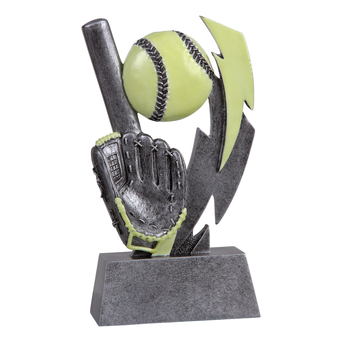 Six-inch pewter-grey resin softball trophy with glow-in-the-dark green accents on a stepped base