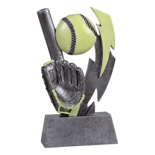 Six-inch pewter-grey resin softball trophy with glow-in-the-dark green accents on a stepped base