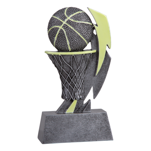 Six-inch pewter-grey resin basketball trophy with a glow-in-the-dark green ball, net and flame accents on a stepped base