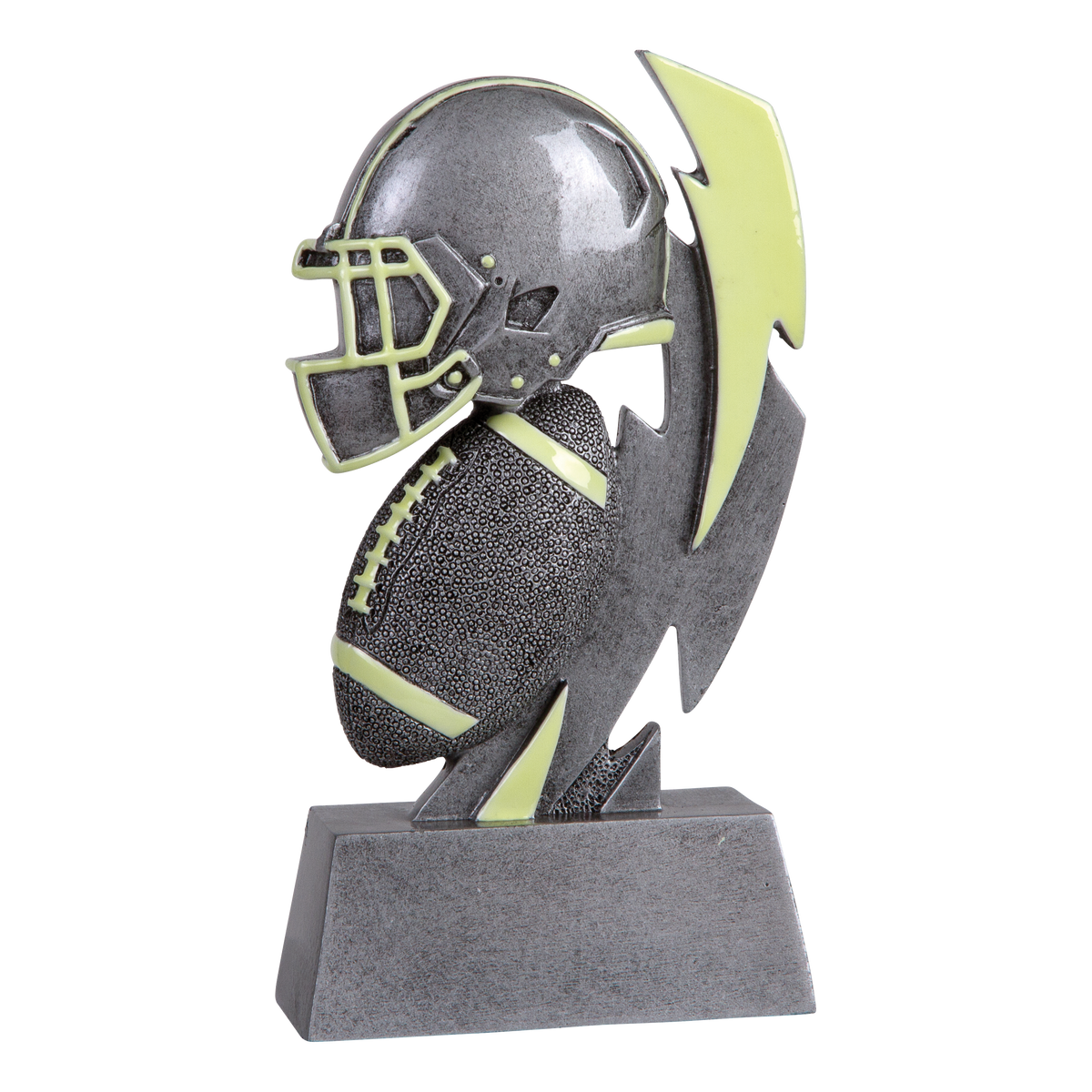 Six-inch pewter-grey resin football trophy with glow-in-the-dark green accents on a stepped base