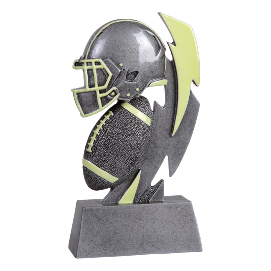 Six-inch pewter-grey resin football trophy with glow-in-the-dark green accents on a stepped base