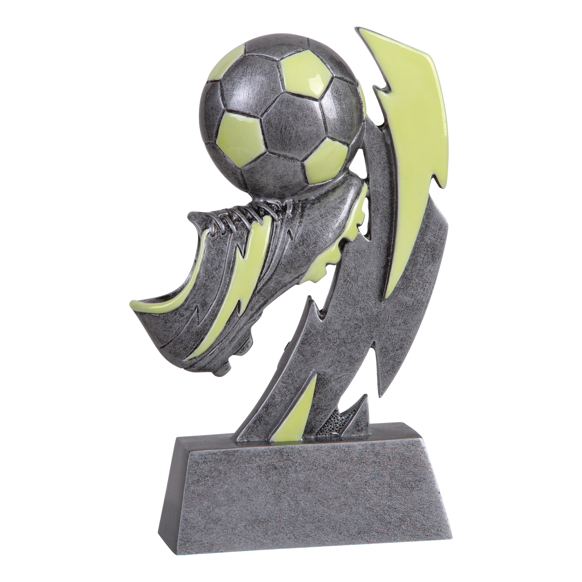Six-inch pewter-grey resin soccer trophy with glow-in-the-dark green accents on a stepped base