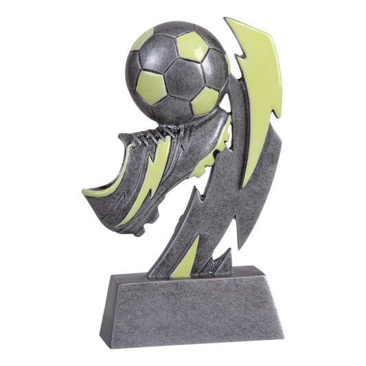 Six-inch pewter-grey resin soccer trophy with glow-in-the-dark green accents on a stepped base
