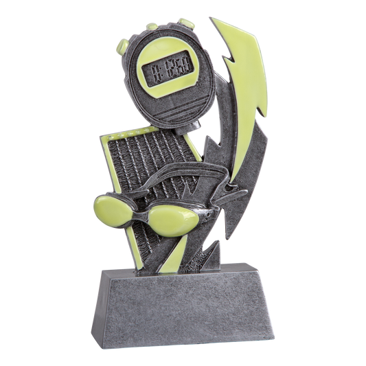 Six-inch pewter-grey resin swimming trophy with glow-in-the-dark green accents on a stepped base