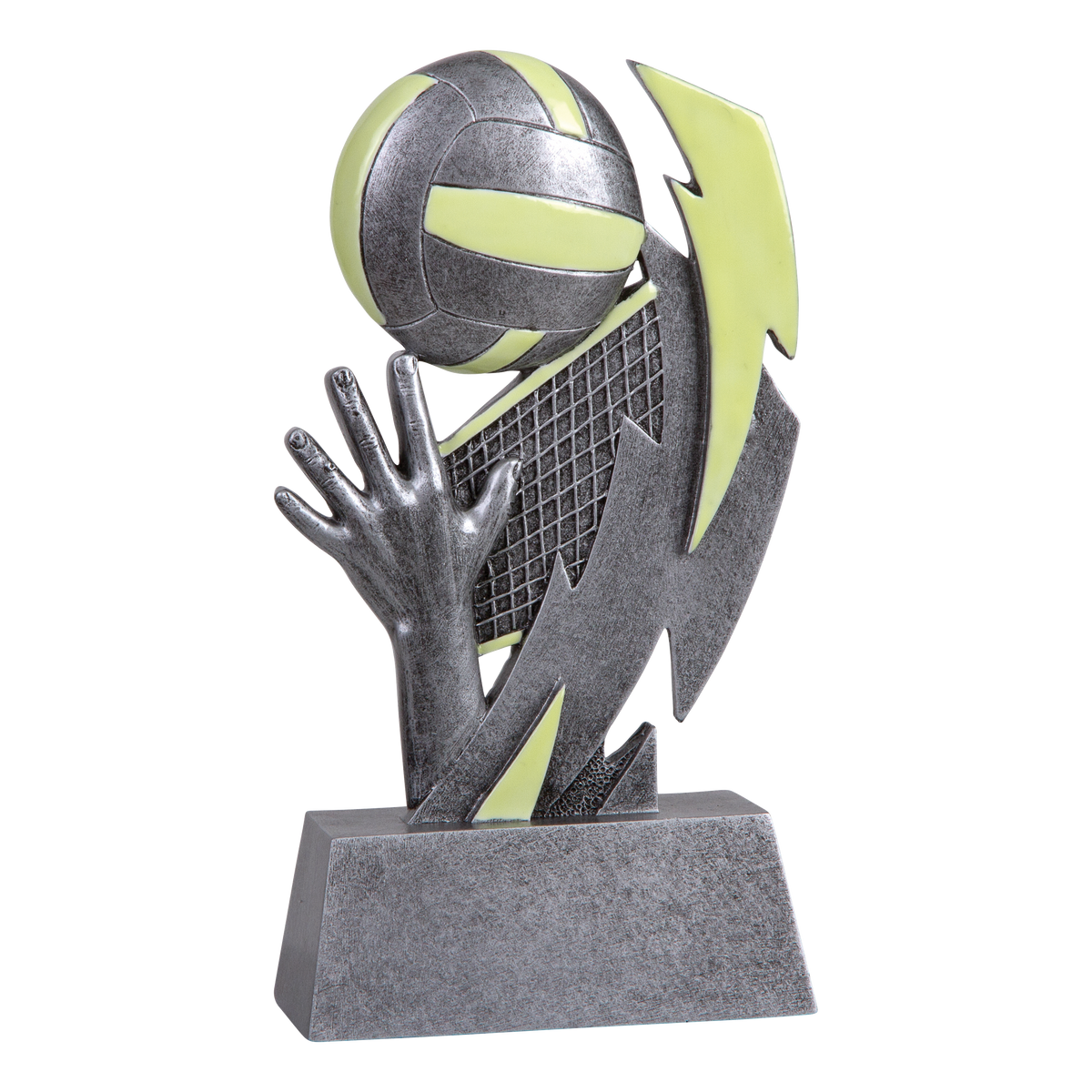 Six-inch pewter-grey resin volleyball trophy with glow-in-the-dark green accents on a stepped base