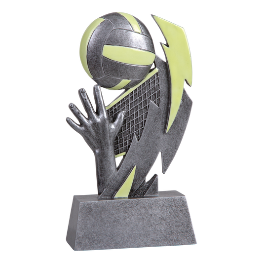 Six-inch pewter-grey resin volleyball trophy with glow-in-the-dark green accents on a stepped base