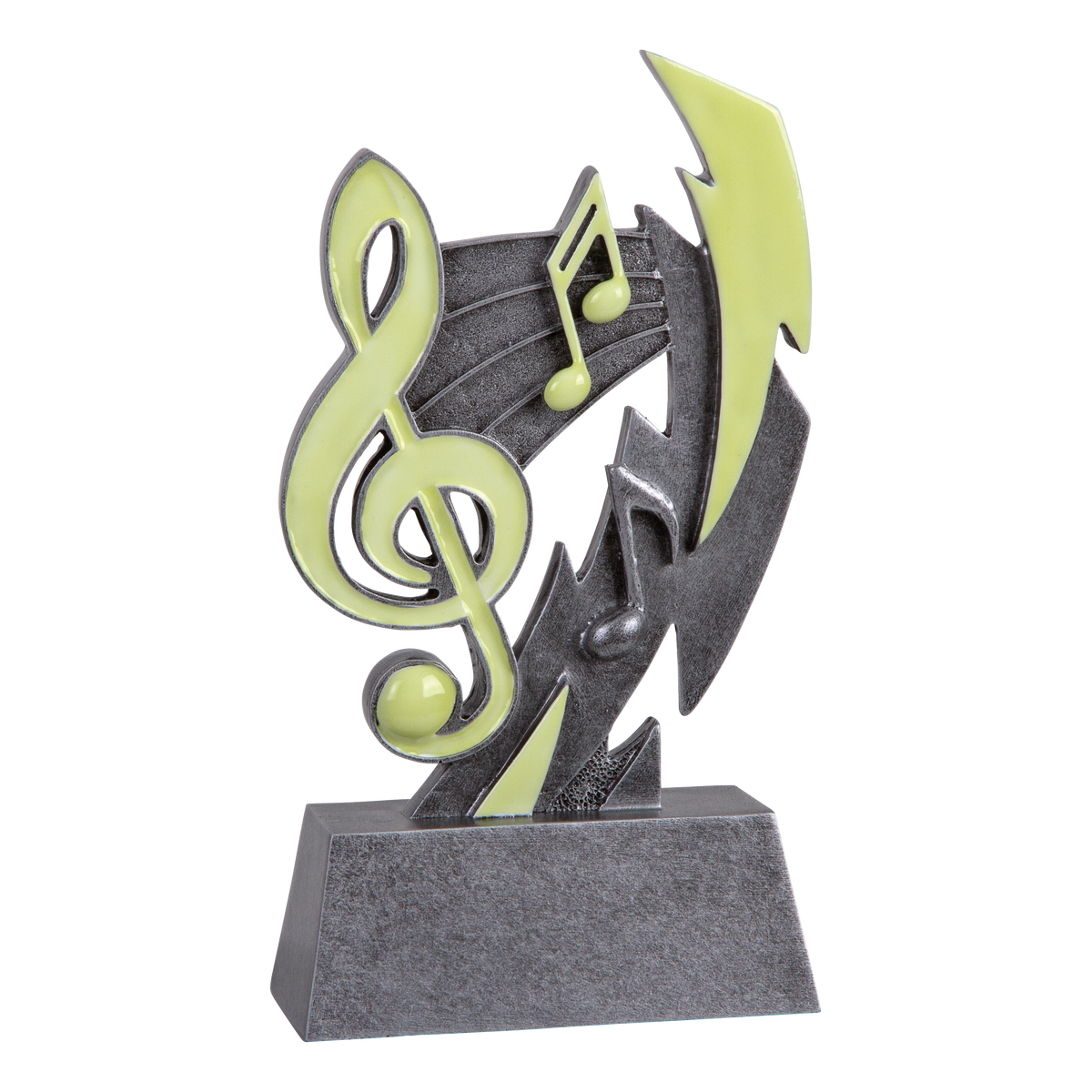 Six-inch pewter-grey resin music trophy with glow-in-the-dark green accents on a stepped base
