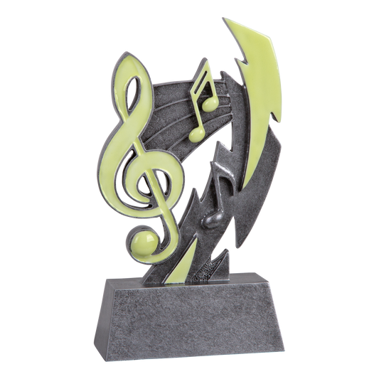 Six-inch pewter-grey resin music trophy with glow-in-the-dark green accents on a stepped base