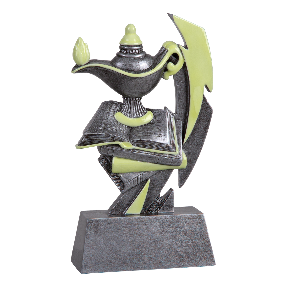 Six-inch pewter-grey resin academic trophy with glow-in-the-dark green accents on a stepped base
