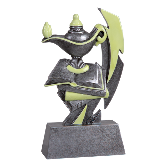 Six-inch pewter-grey resin academic trophy with glow-in-the-dark green accents on a stepped base
