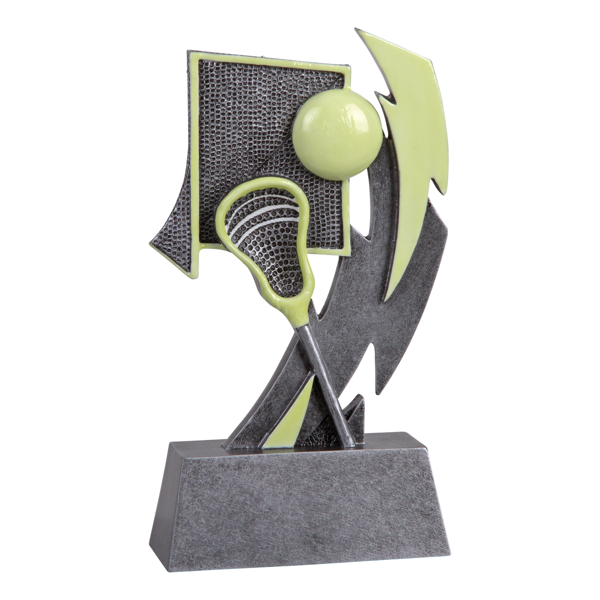 Six-inch pewter-grey resin lacrosse trophy with glow-in-the-dark green accents on a stepped base