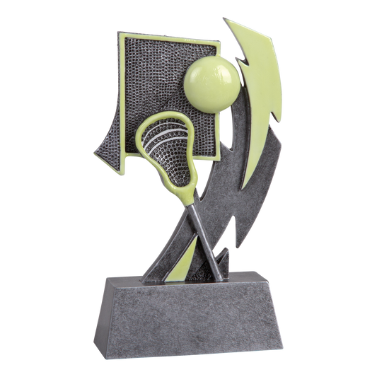 Six-inch pewter-grey resin lacrosse trophy with glow-in-the-dark green accents on a stepped base