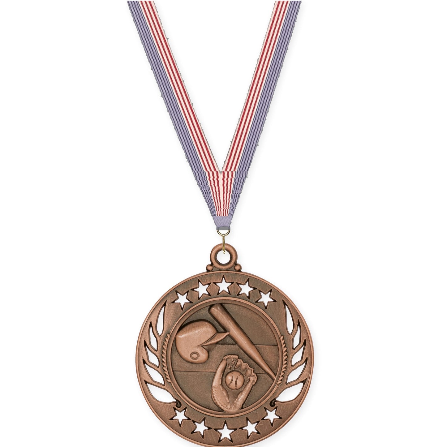 2 1/4 inch baseball and softball Galaxy medal in antique bronze with USA Flag neck ribbon