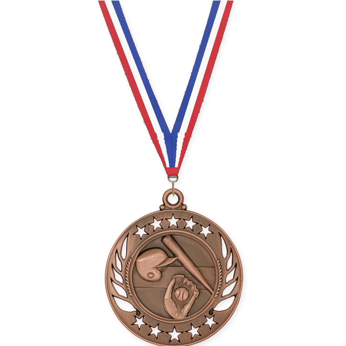 2 1/4 inch baseball and softball Galaxy medal in antique bronze with Red White Blue neck ribbon