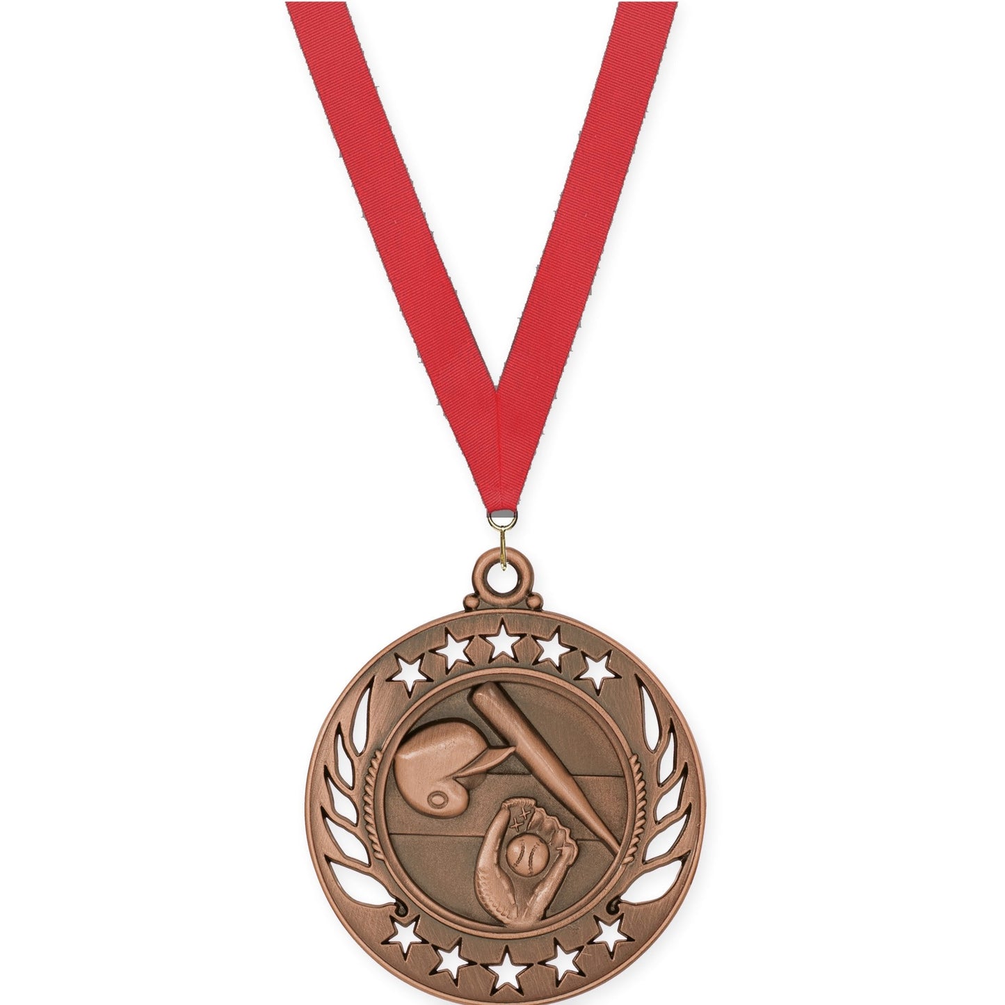 2 1/4 inch baseball and softball Galaxy medal in antique bronze with Red neck ribbon