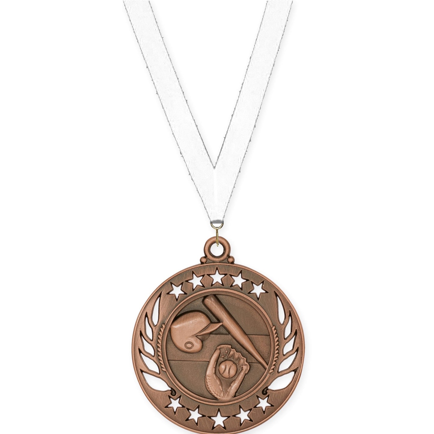 2 1/4 inch baseball and softball Galaxy medal in antique bronze with White neck ribbon