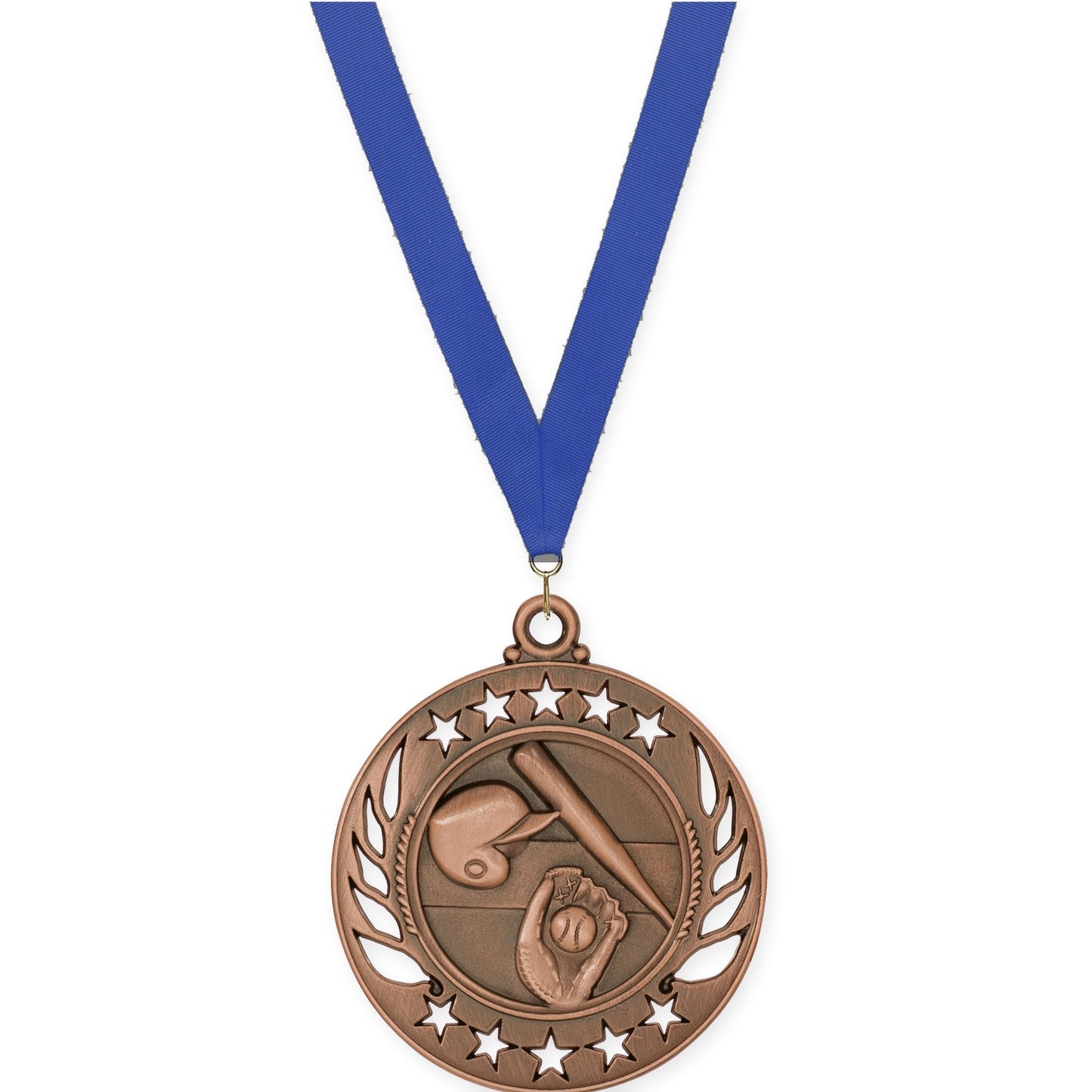 2 1/4 inch baseball and softball Galaxy medal in antique bronze with Blue neck ribbon