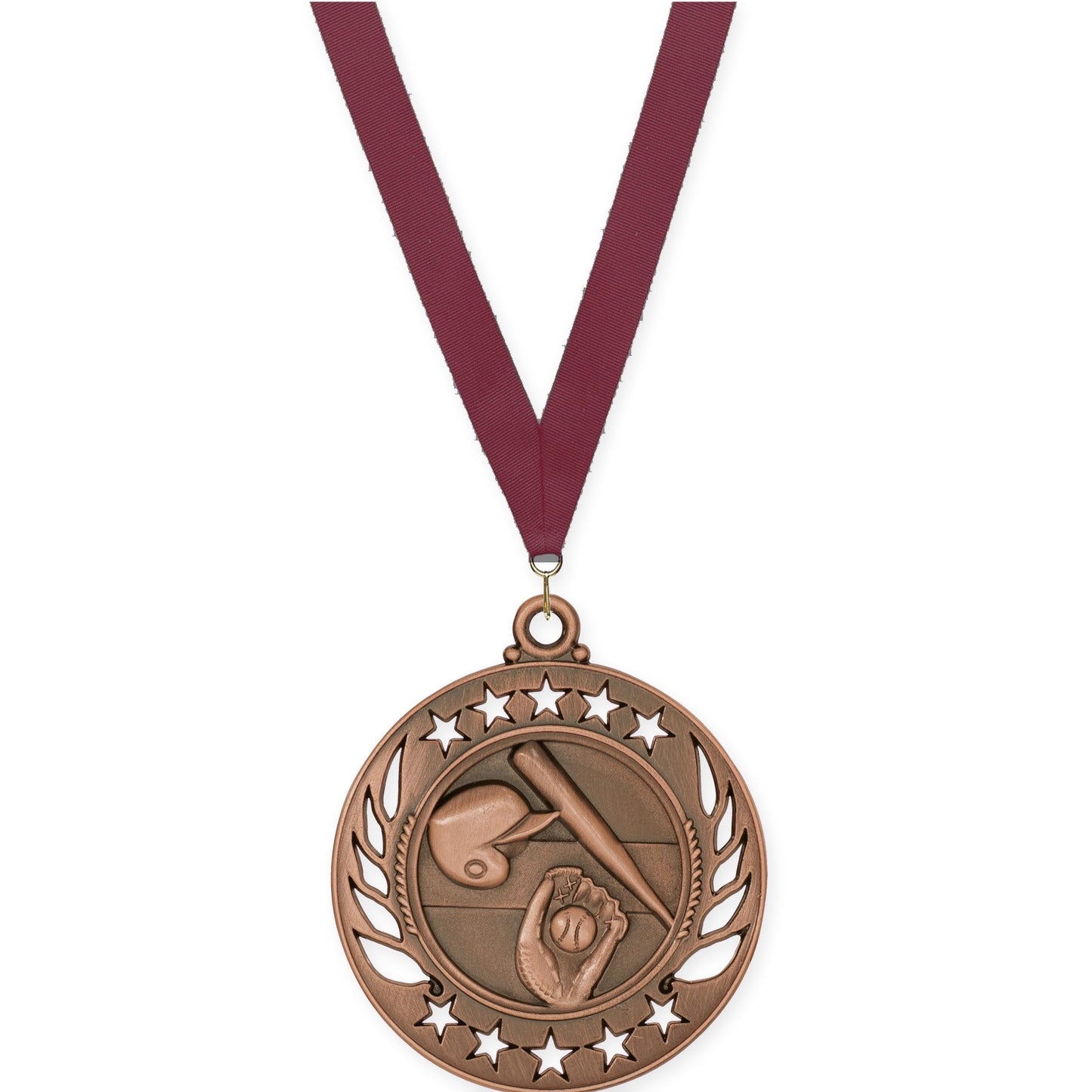 2 1/4 inch baseball and softball Galaxy medal in antique bronze with Maroon neck ribbon