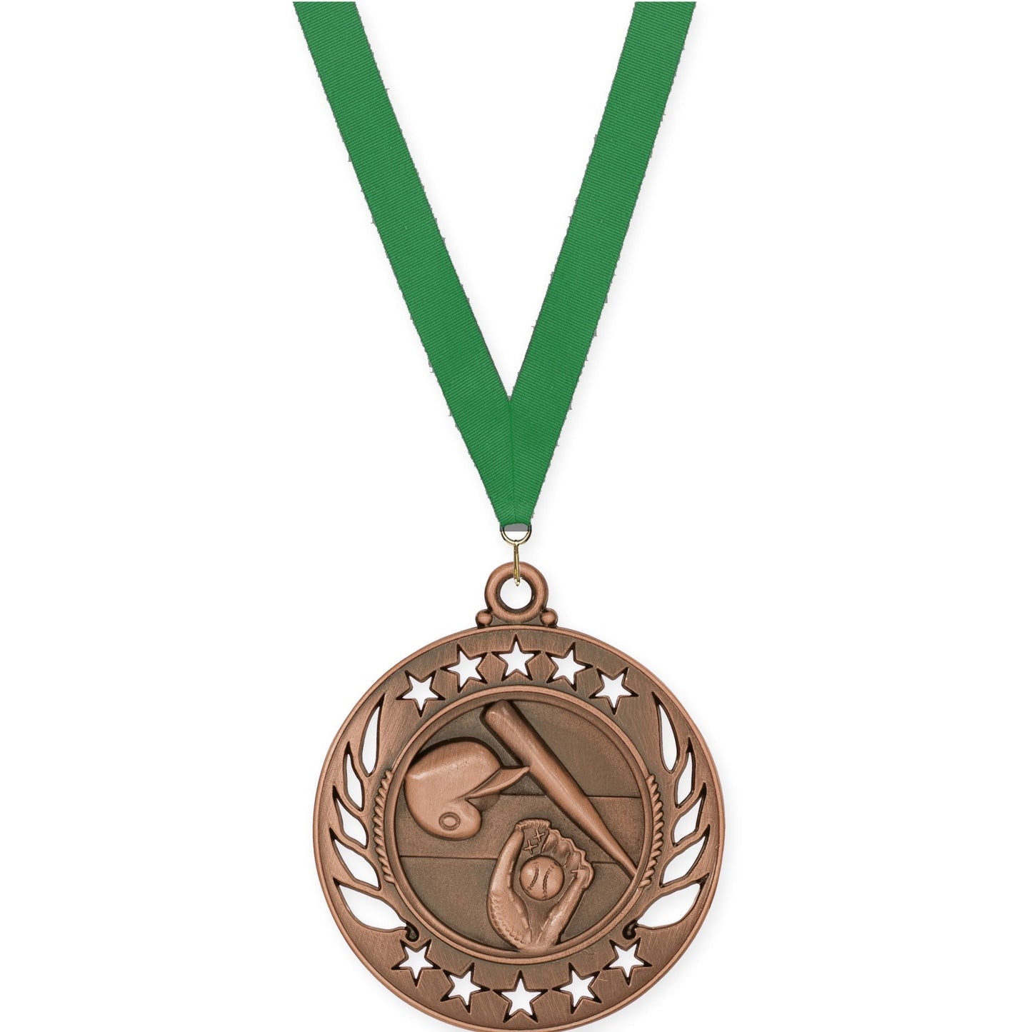 2 1/4 inch baseball and softball Galaxy medal in antique bronze with Green neck ribbon