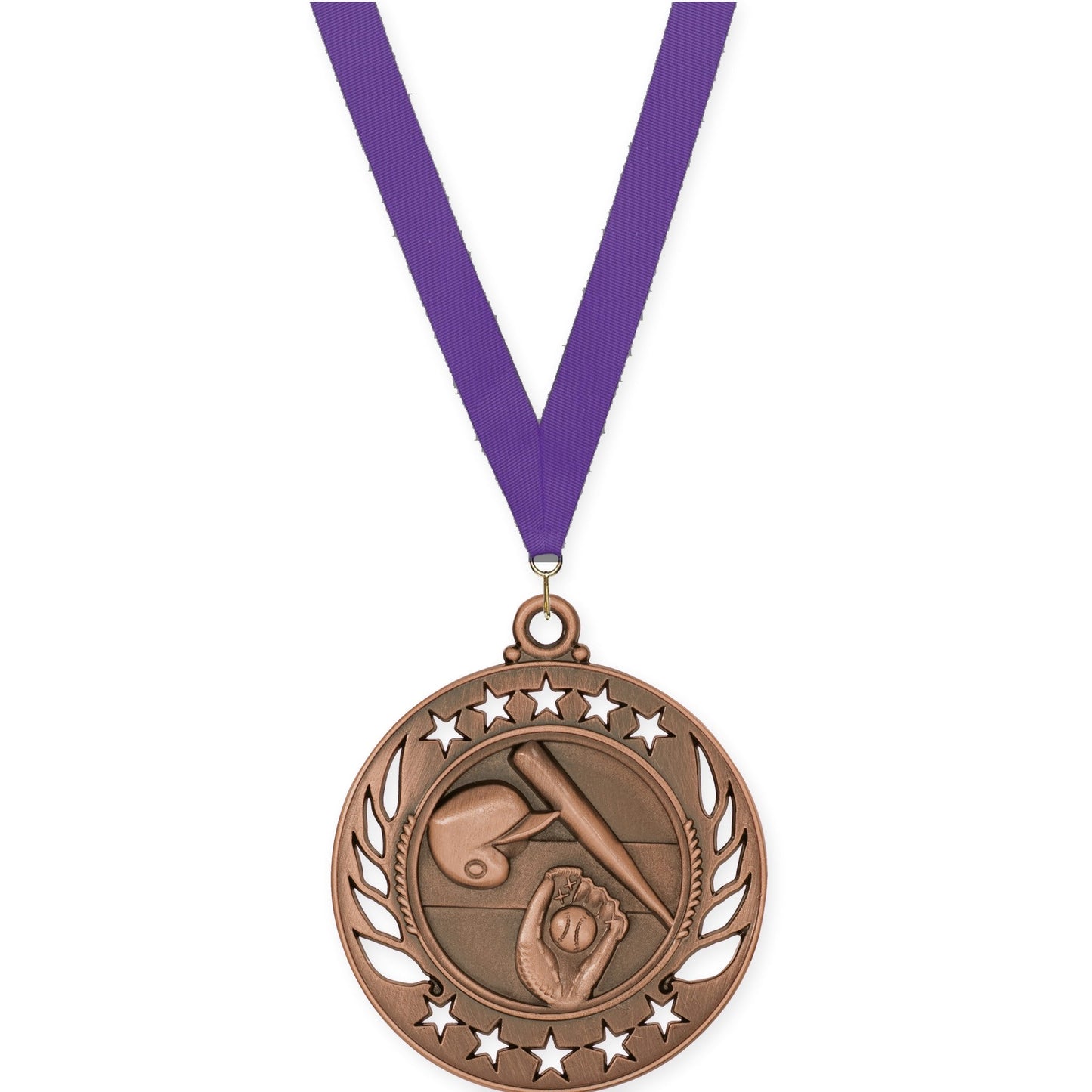 2 1/4 inch baseball and softball Galaxy medal in antique bronze with Purple neck ribbon