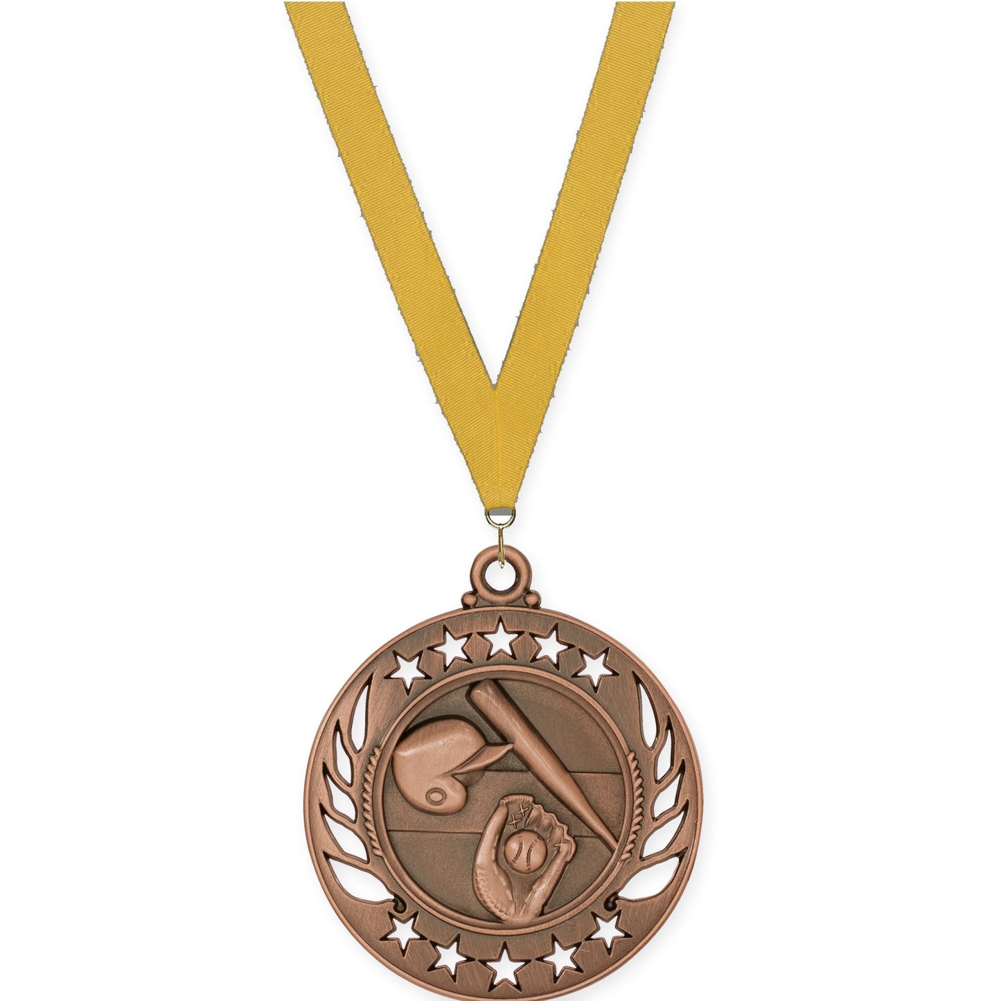 2 1/4 inch baseball and softball Galaxy medal in antique bronze with Gold neck ribbon