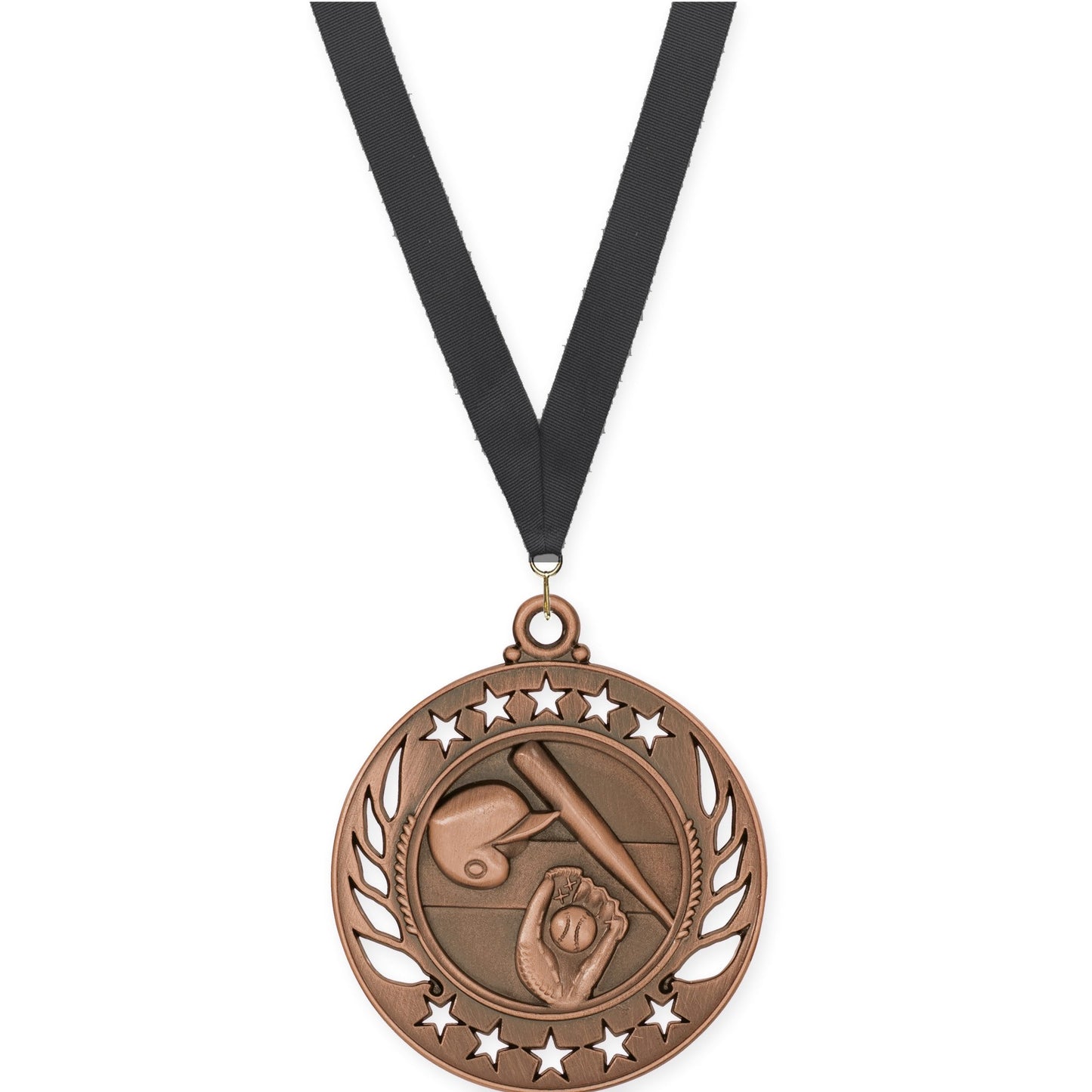 2 1/4 inch baseball and softball Galaxy medal in antique bronze with Black neck ribbon