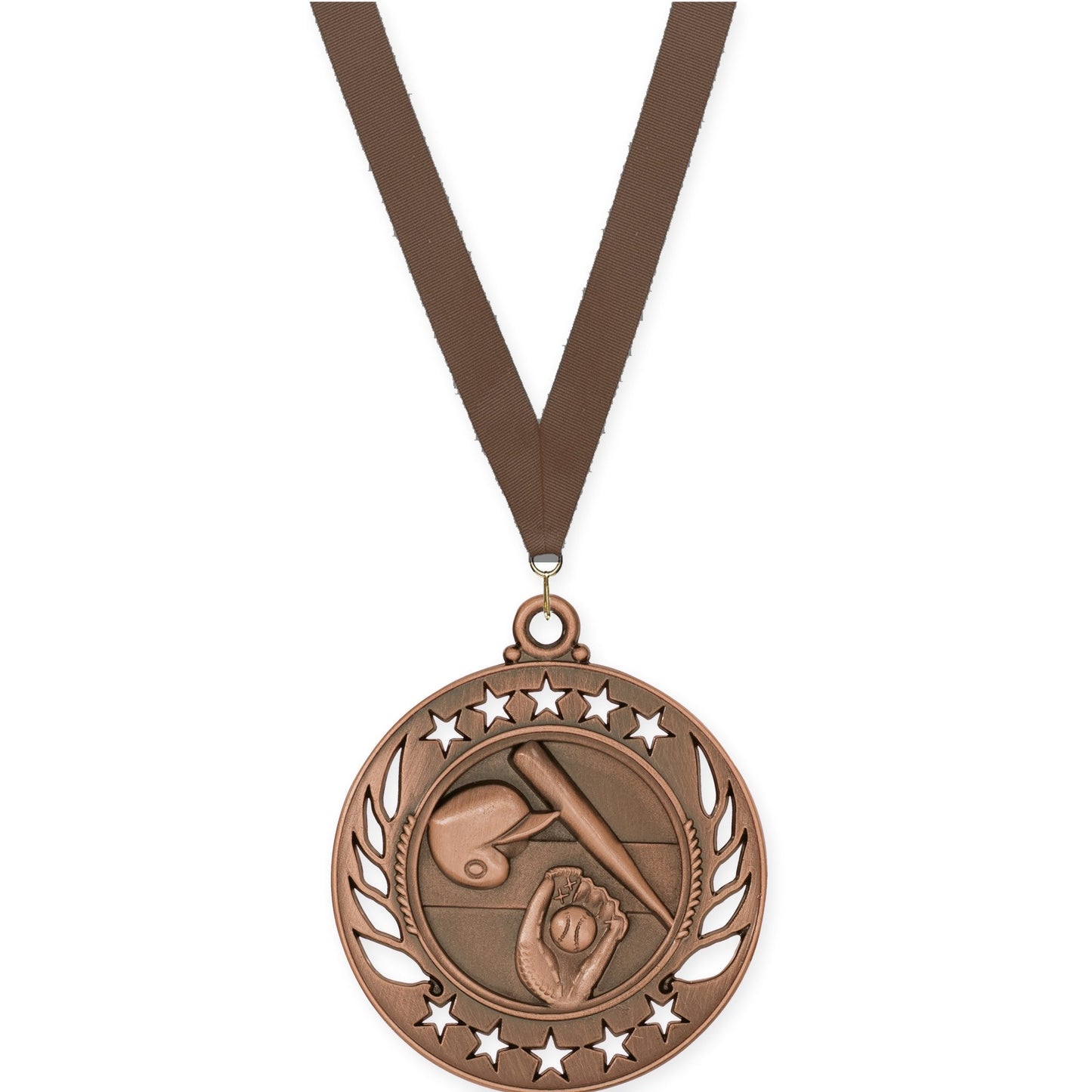 2 1/4 inch baseball and softball Galaxy medal in antique bronze with Brown neck ribbon