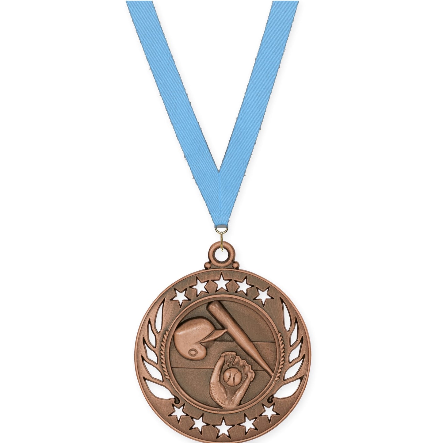 2 1/4 inch baseball and softball Galaxy medal in antique bronze with Light Blue neck ribbon