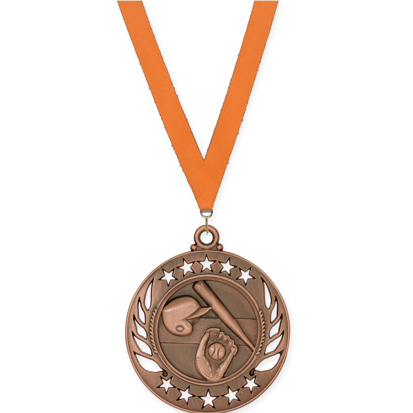2 1/4 inch baseball and softball Galaxy medal in antique bronze with Orange neck ribbon