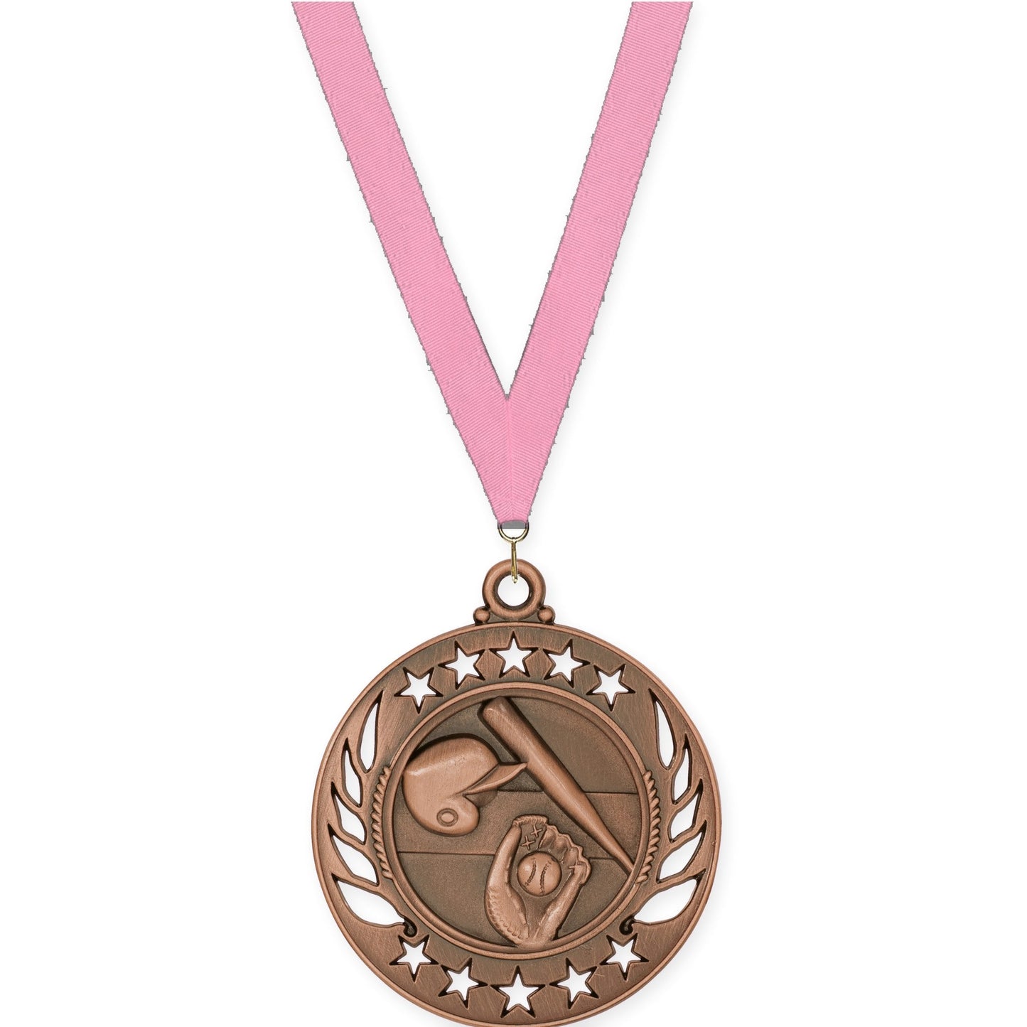 2 1/4 inch baseball and softball Galaxy medal in antique bronze with Pink neck ribbon