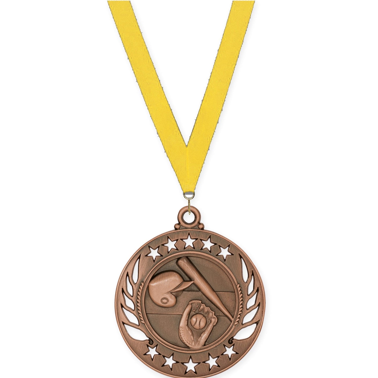 2 1/4 inch baseball and softball Galaxy medal in antique bronze with Yellow neck ribbon