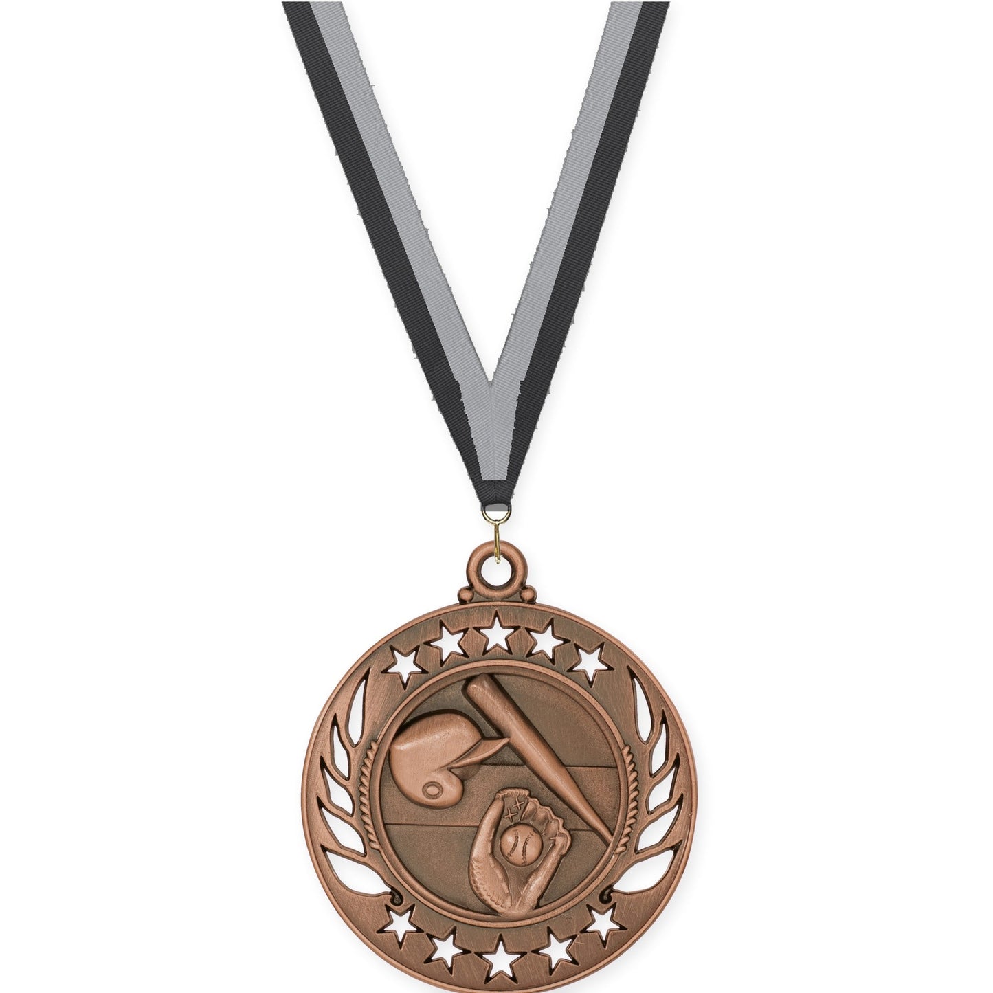 2 1/4 inch baseball and softball Galaxy medal in antique bronze with Black Gray neck ribbon