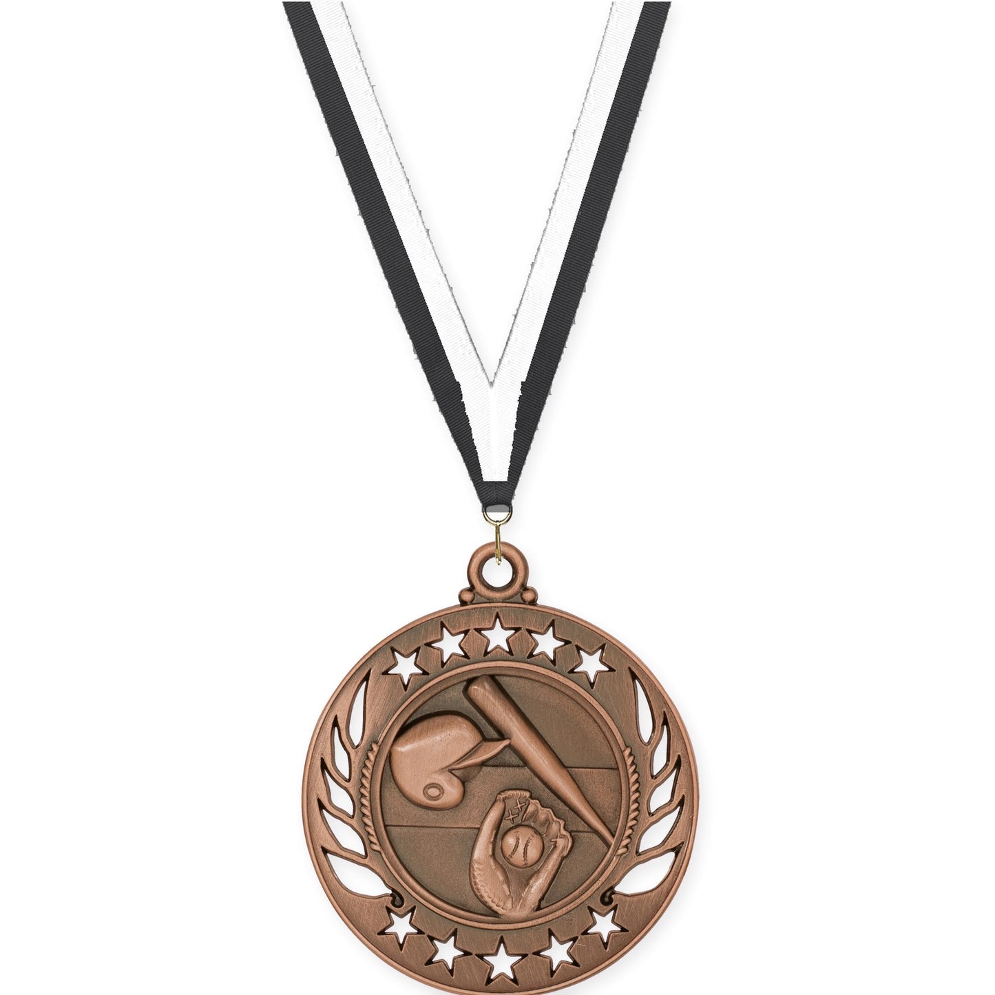 2 1/4 inch baseball and softball Galaxy medal in antique bronze with Black White neck ribbon