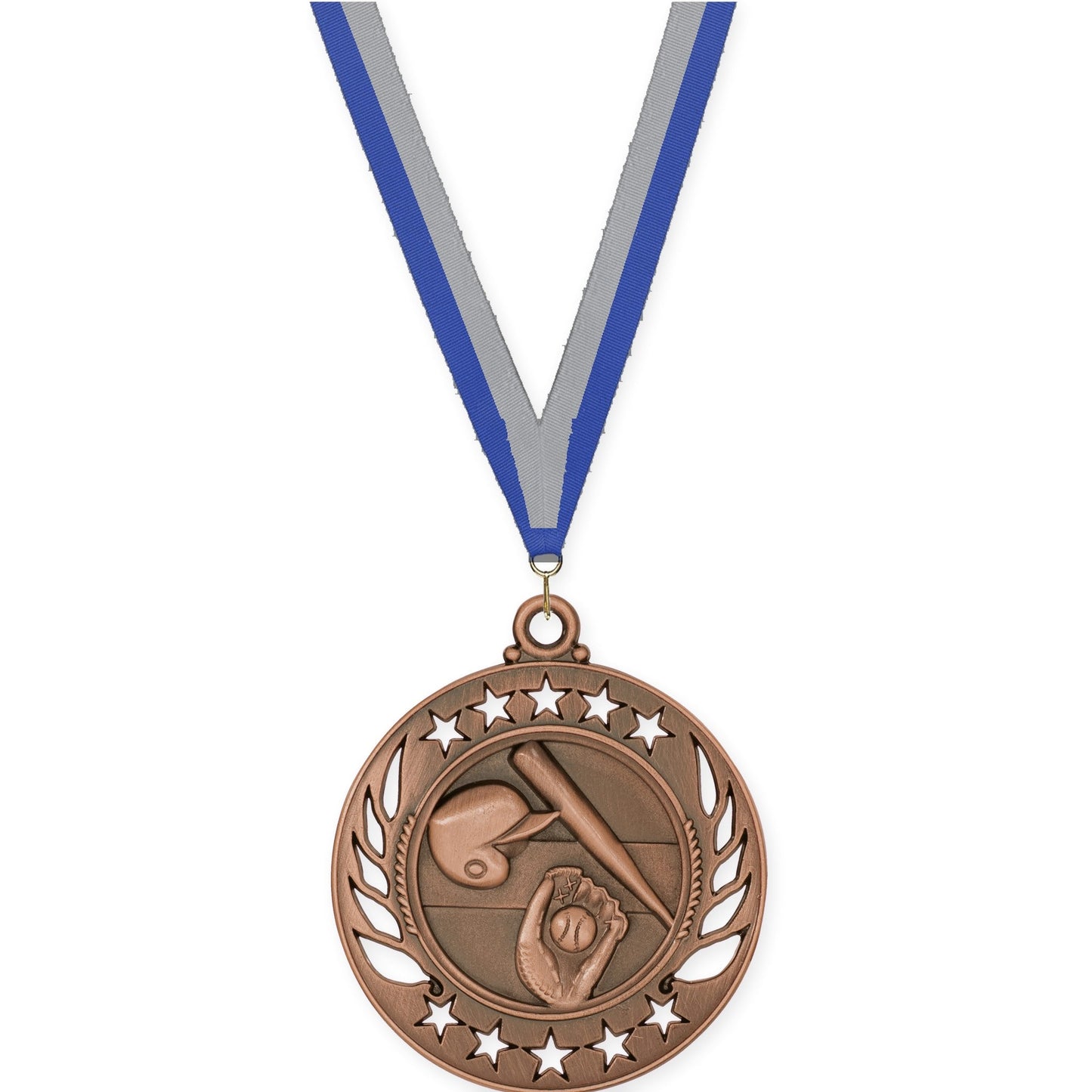 2 1/4 inch baseball and softball Galaxy medal in antique bronze with Blue Gray neck ribbon