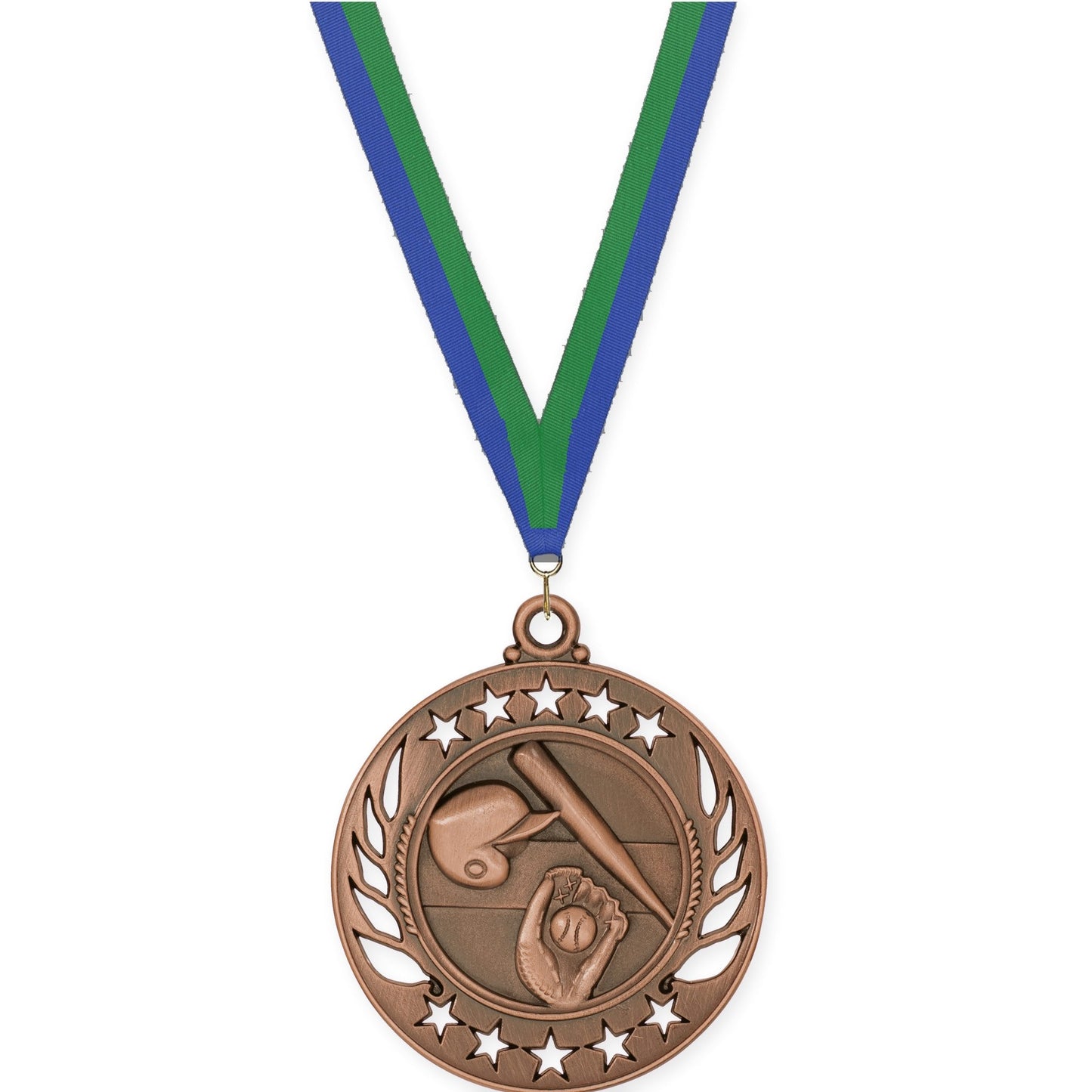 2 1/4 inch baseball and softball Galaxy medal in antique bronze with Blue Green neck ribbon