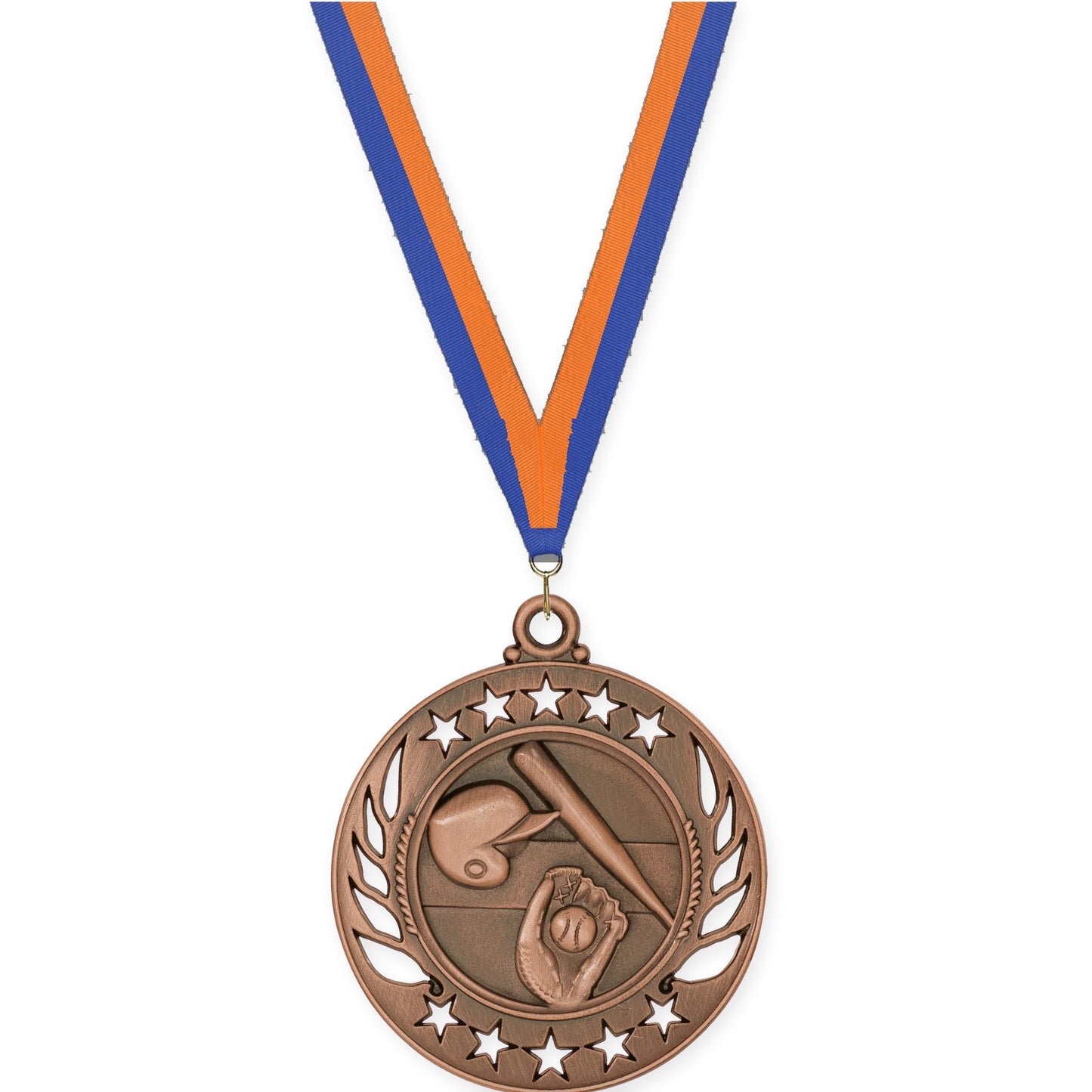 2 1/4 inch baseball and softball Galaxy medal in antique bronze with Blue Orange neck ribbon