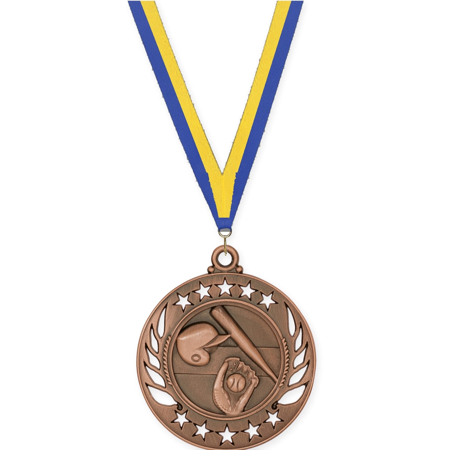 2 1/4 inch baseball and softball Galaxy medal in antique bronze with Blue Yellow neck ribbon